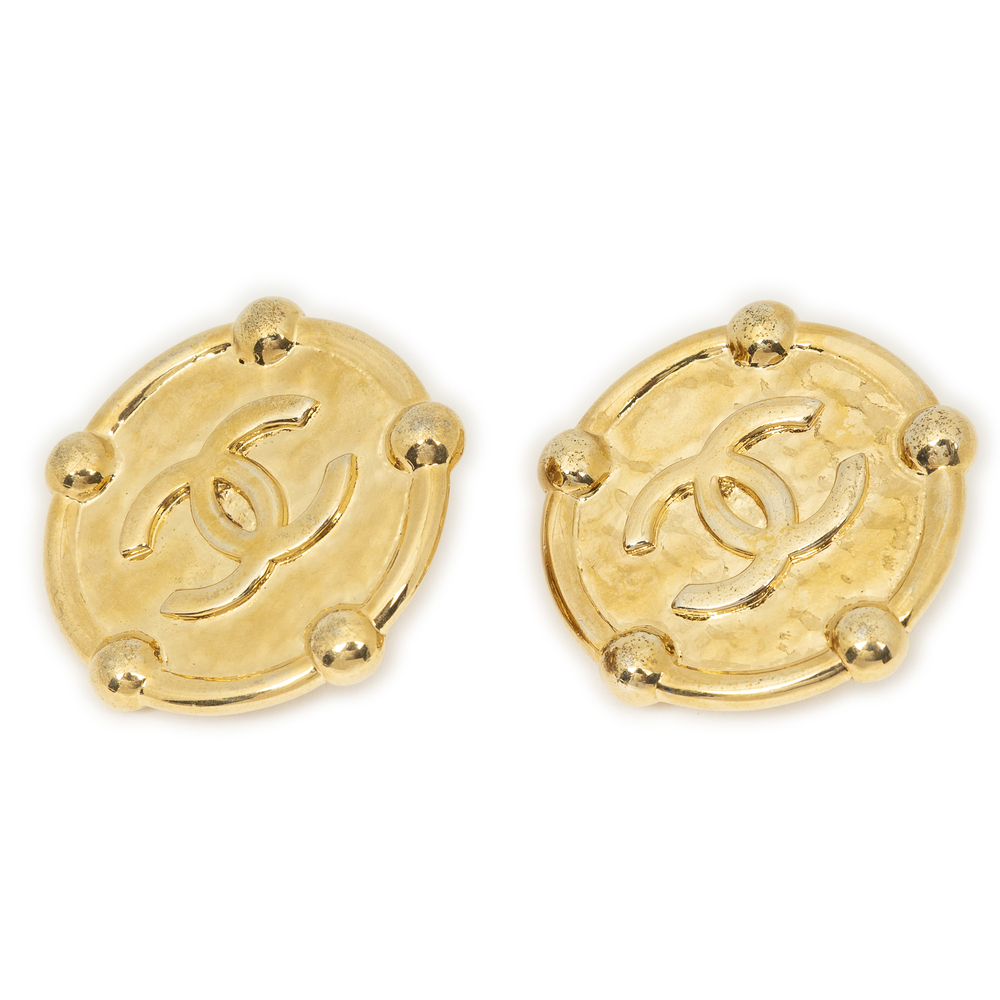 Chanel CC Round Hammered Clip On Earrings
